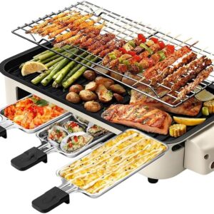 1500W Beige 2-in-1 Smokeless Indoor Grill & Korean BBQ Griddle, 3 Cheese Pans