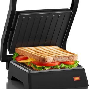 5.5x5.3" Compact Black Panini Press & Contact Grill, Opens 180°, Floating Top, Nonstick