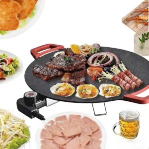 15.7" Electric Smokeless Grill, Non-Stick BBQ Griddle, Temp Control, Round, Red Handles