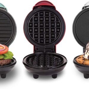 Mini Maker Set, Multi-Function Waffle, Grill & Griddle Irons, White Aqua & Red