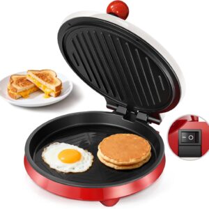 3-in-1 Electric Griddle & Sandwich Maker, 8" Round, 180° Open, Red/Beige