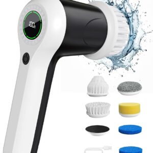 Electric Spin Scrubber, Cordless, Battery Display, 2 Speeds, 6 Replaceable Heads, Bathroom/Sink/Window