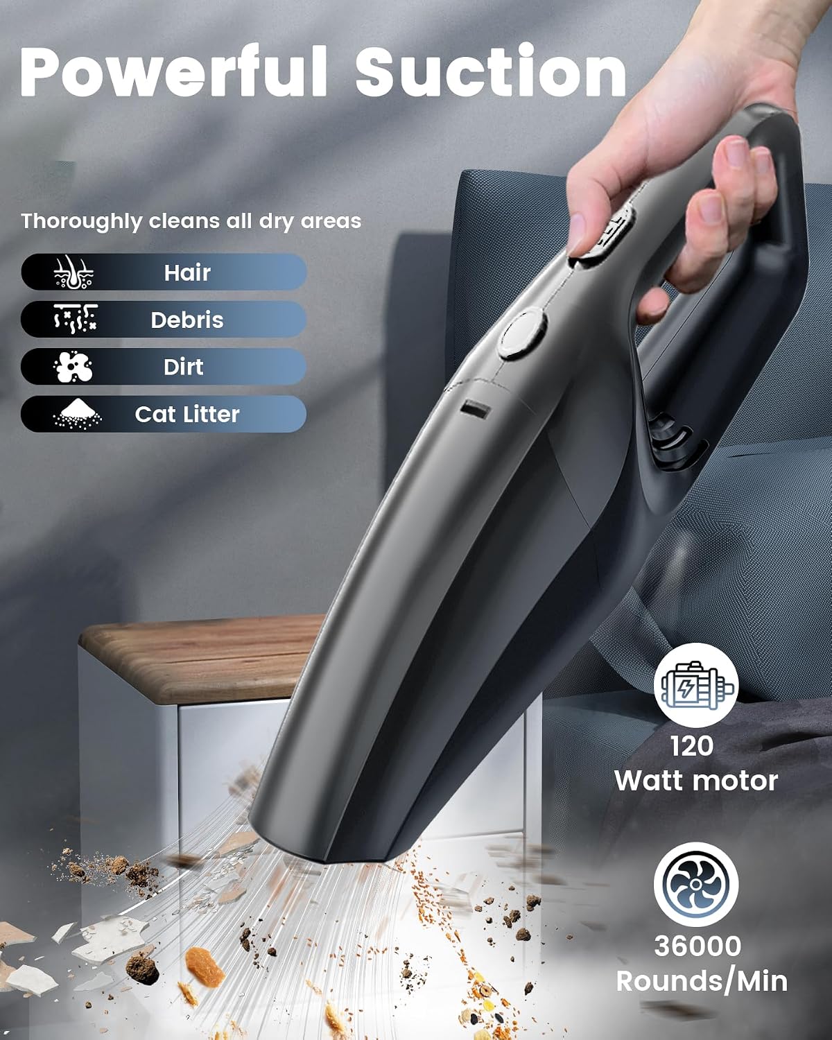 Handheld Vacuum Cordless, Powerful Rechargeable, Washable Filter, Mini Kit for Men & Women - Image 2