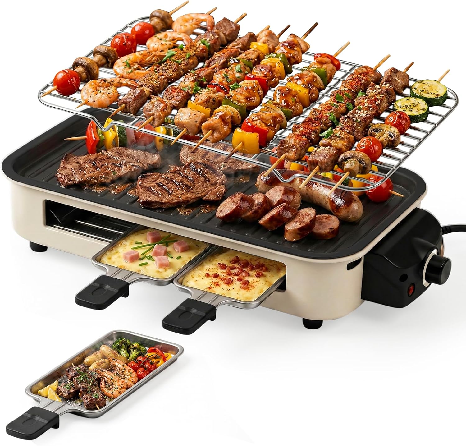 1500W 2-in-1 Smokeless Indoor Grill, Non-Stick Griddle & Grill Net, 3 Mini Trays