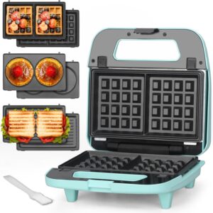 3-in-1 Mini Waffle Maker, Removable Plates, Pancake & Grilled Cheese, Aqua